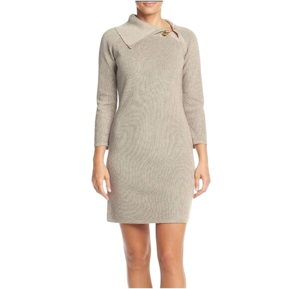 Calvin Klein Gold Pin Ribbed Knit M Sweater Dress Vanilla Lux Winter Baddie‎ NWT